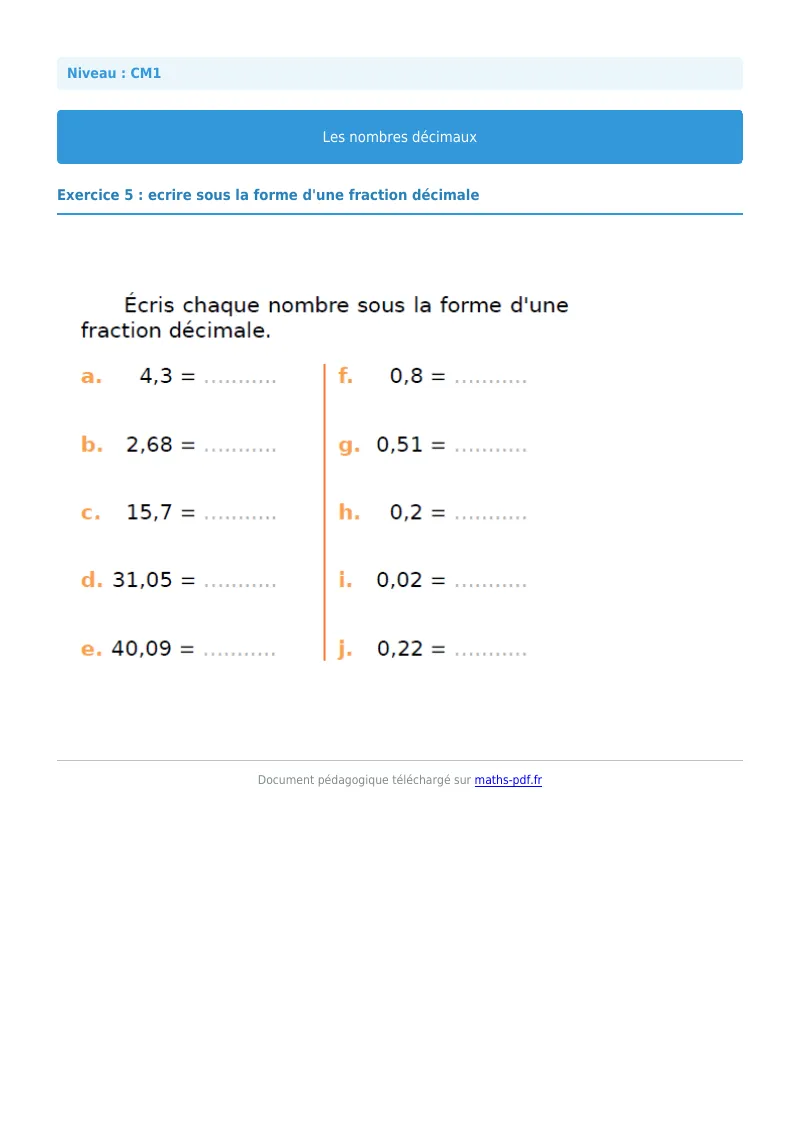 Les nombres décimaux : exercice n°5 de maths en CM1 corrigé en PDF