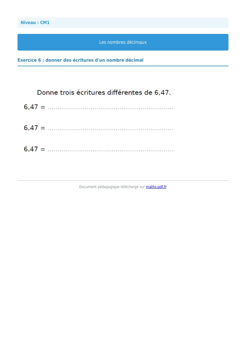 Les nombres décimaux : exercice n°6 de maths en CM1 corrigé en PDF