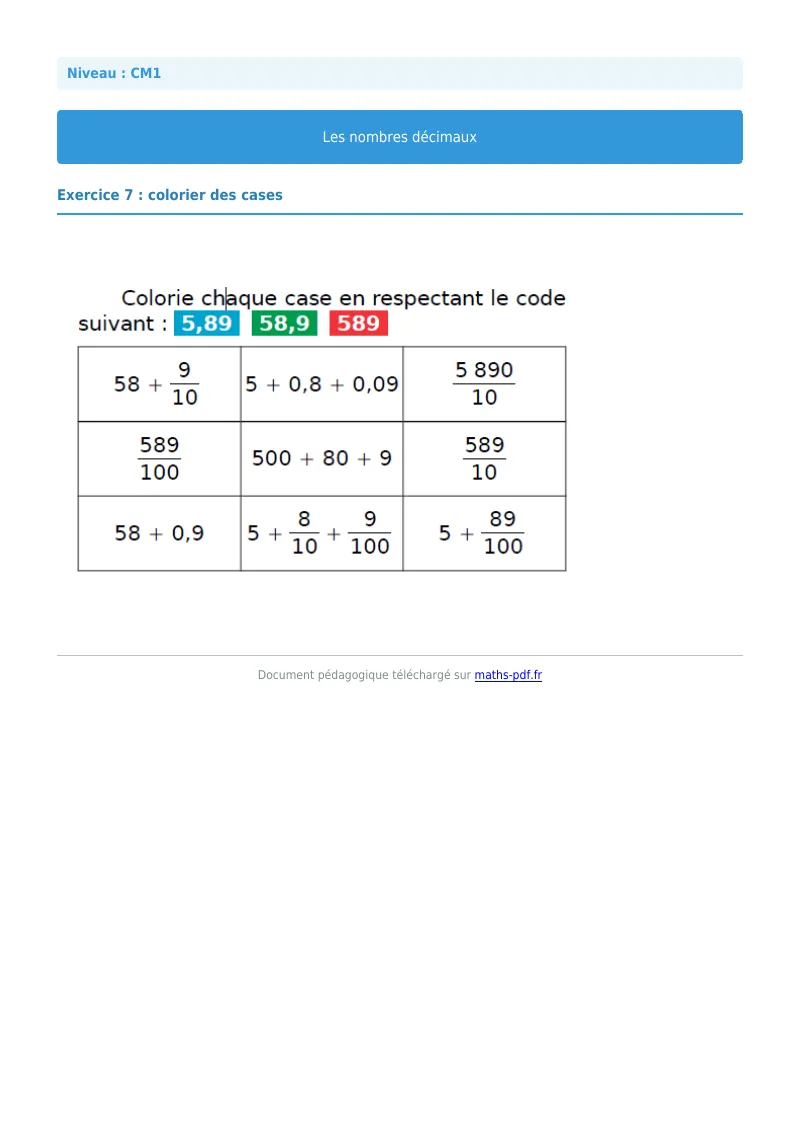 Les nombres décimaux : exercice n°7 de maths en CM1 corrigé en PDF