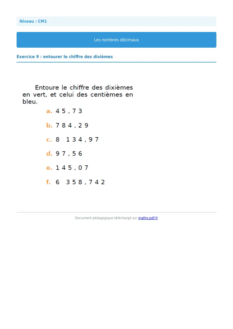 Les nombres décimaux : exercice n°9 de maths en CM1 corrigé en PDF