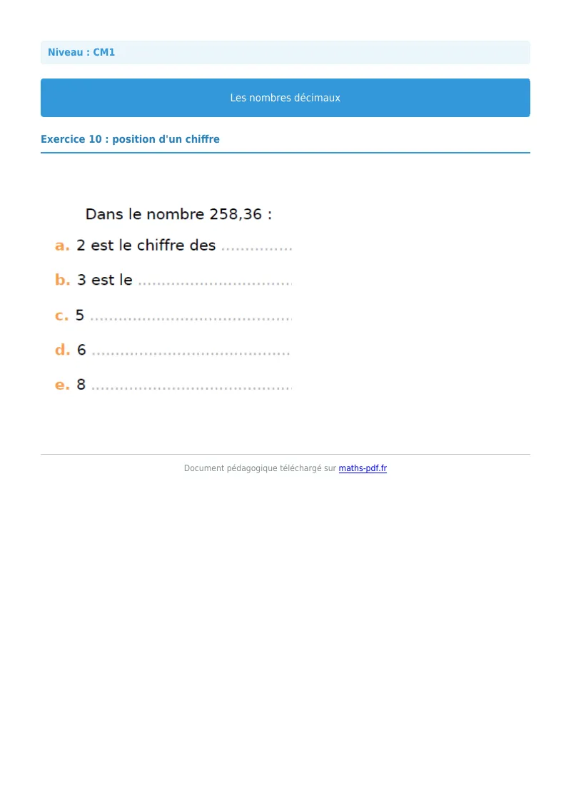 Les nombres décimaux : exercice n°10 de maths en CM1 corrigé en PDF