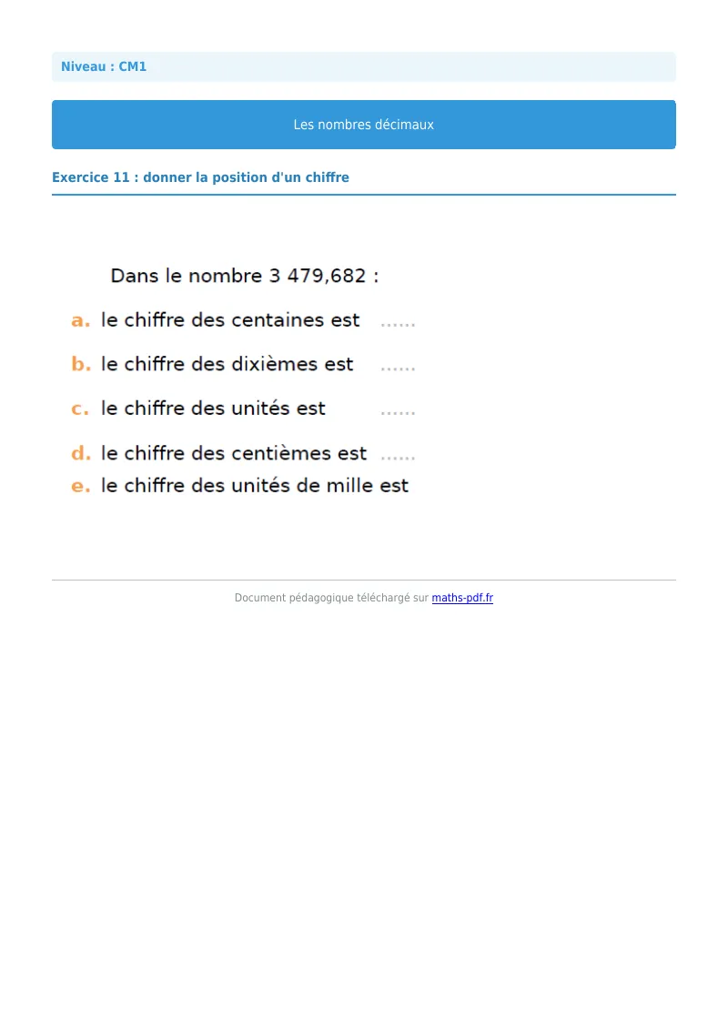 Les nombres décimaux : exercice n°11 de maths en CM1 corrigé en PDF