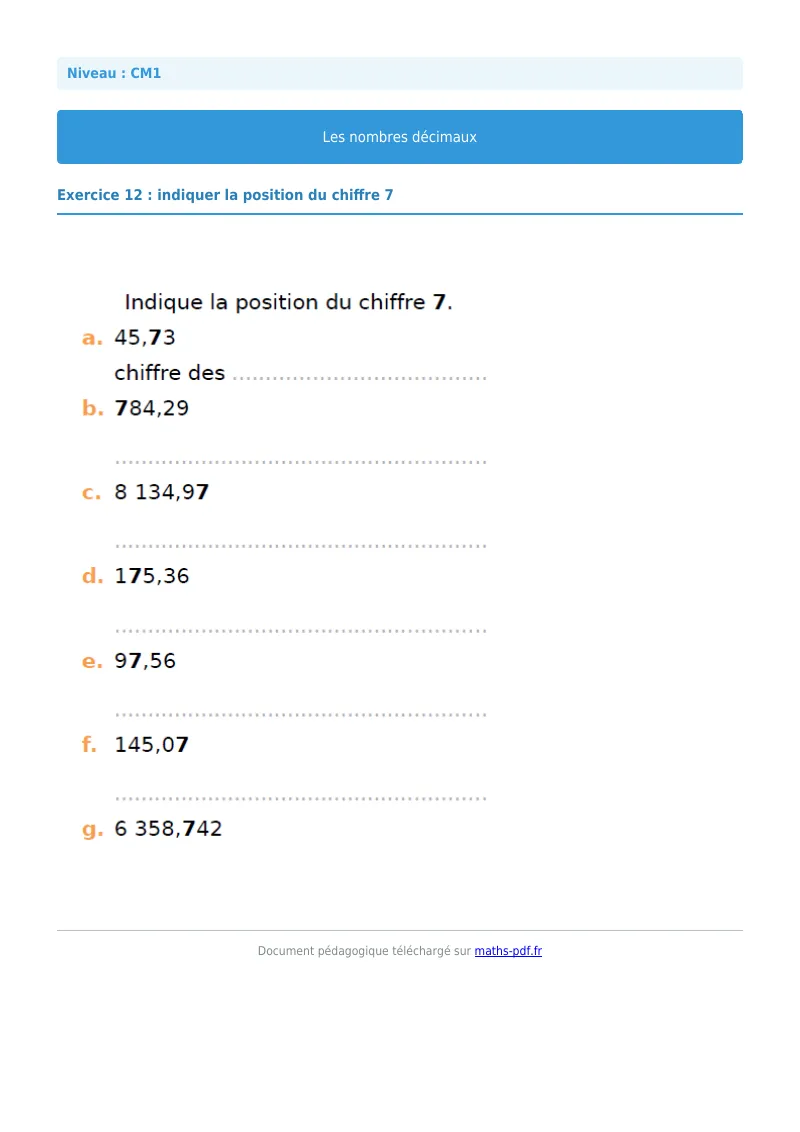 Les nombres décimaux : exercice n°12 de maths en CM1 corrigé en PDF