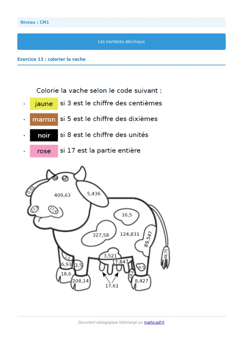 Les nombres décimaux : exercice n°13 de maths en CM1 corrigé en PDF