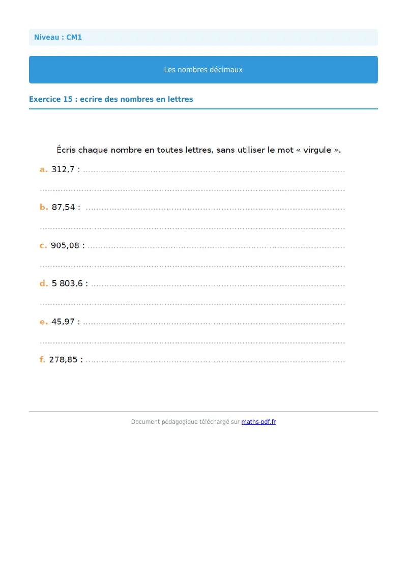 Les nombres décimaux : exercice n°15 de maths en CM1 corrigé en PDF