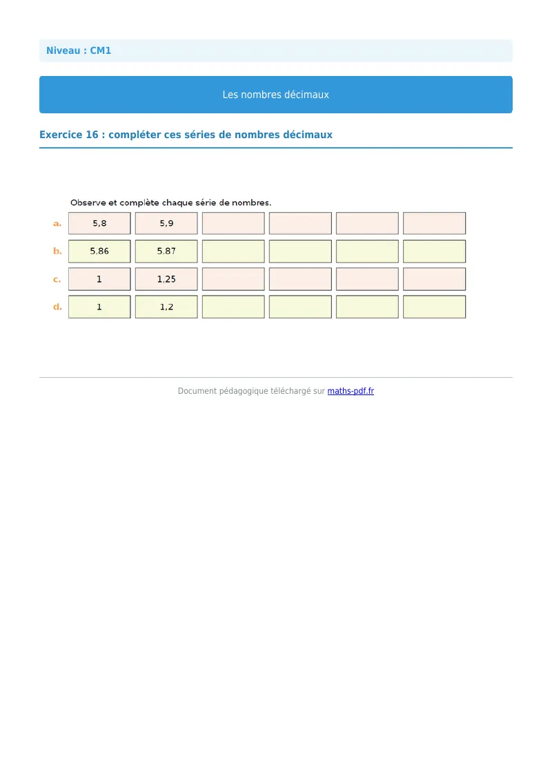 Les nombres décimaux : exercice n°16 de maths en CM1 corrigé en PDF