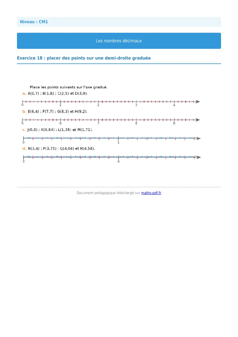 Les nombres décimaux : exercice n°18 de maths en CM1 corrigé en PDF