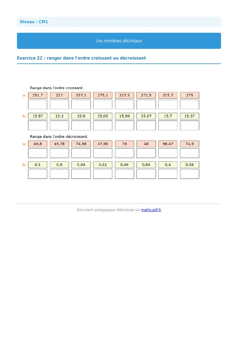 Les nombres décimaux : exercice n°22 de maths en CM1 corrigé en PDF