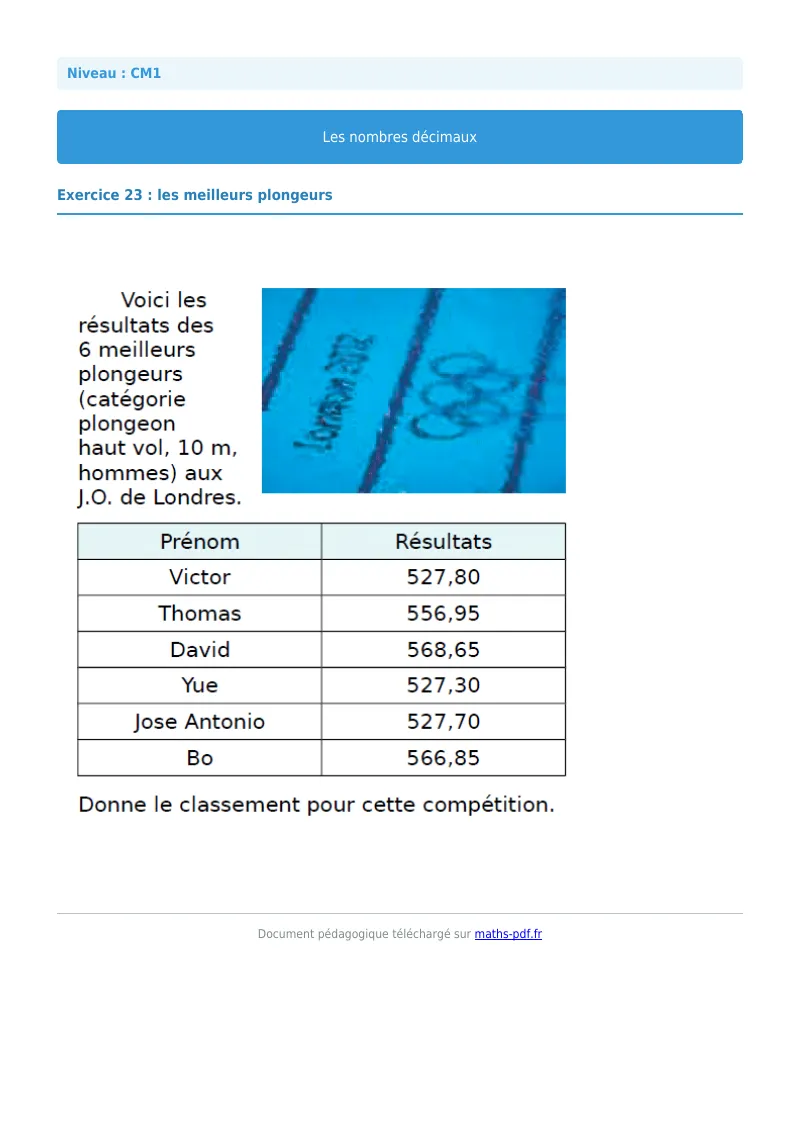 Les nombres décimaux : exercice n°23 de maths en CM1 corrigé en PDF