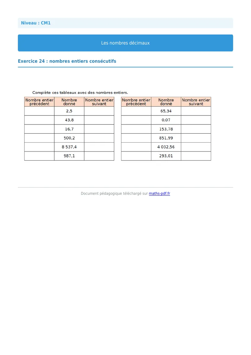 Les nombres décimaux : exercice n°24 de maths en CM1 corrigé en PDF