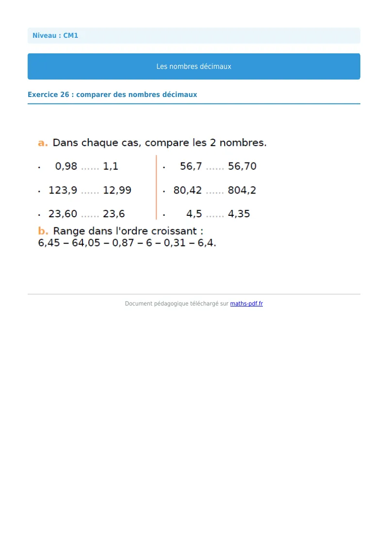 Les nombres décimaux : exercice n°26 de maths en CM1 corrigé en PDF