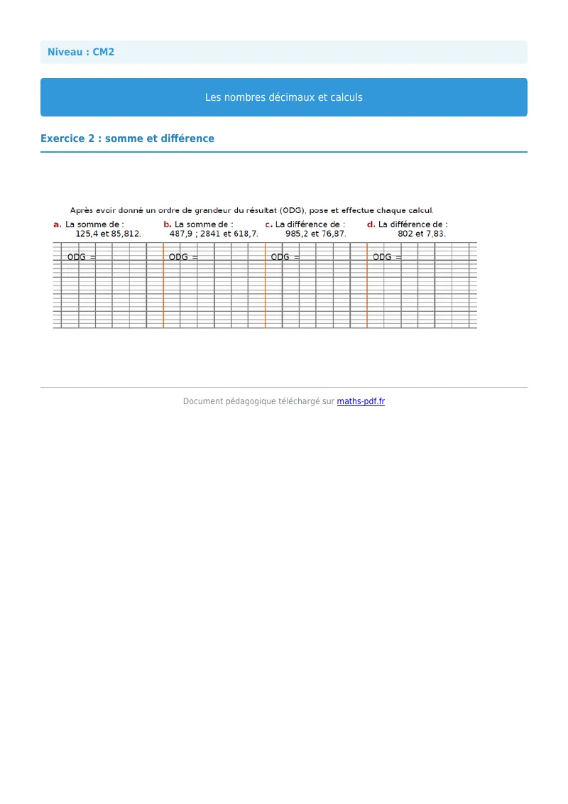 Nombres décimaux et calculs : exercice n°2 de maths en CM2 corrigé en PDF