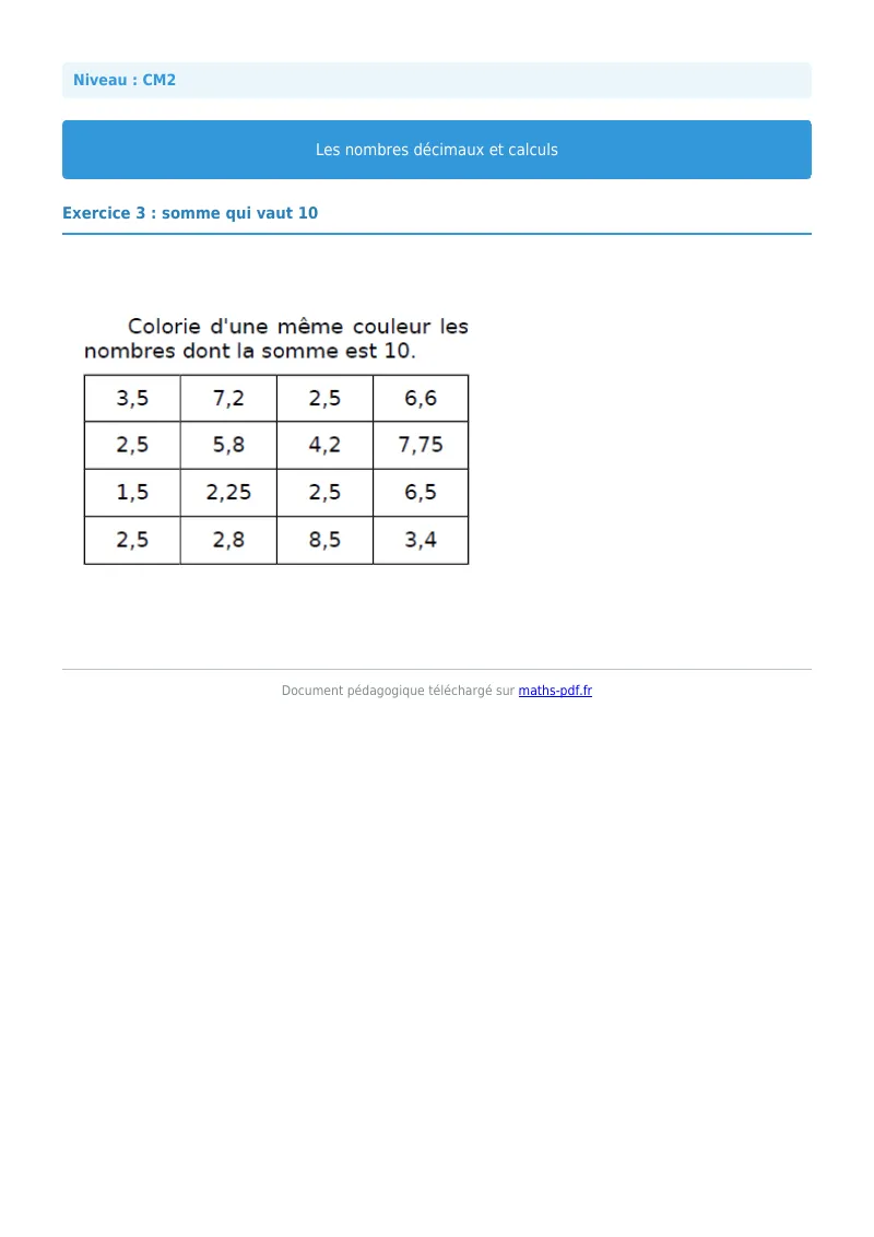 Nombres décimaux et calculs : exercice n°3 de maths en CM2 corrigé en PDF