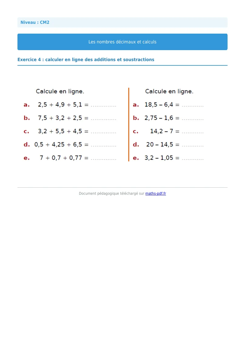Nombres décimaux et calculs : exercice n°4 de maths en CM2 corrigé en PDF