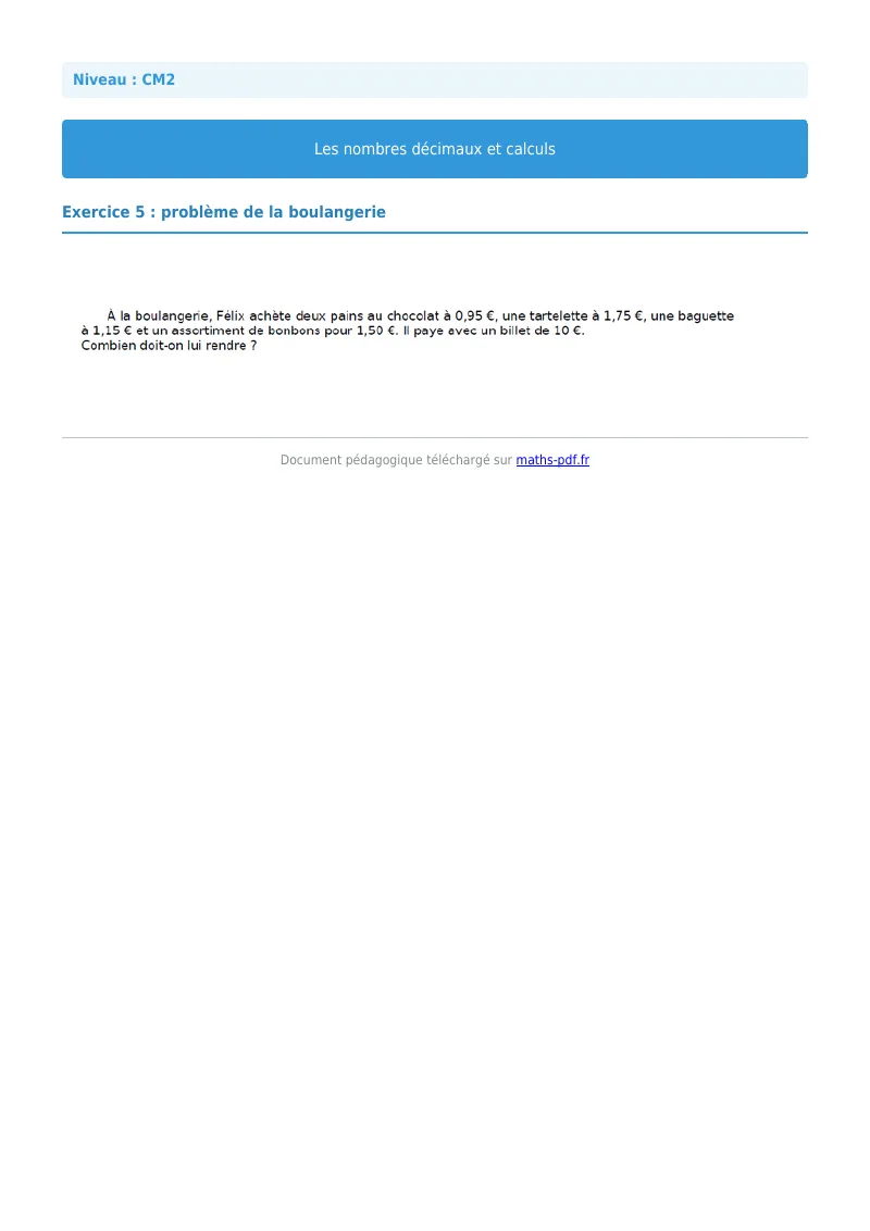 Nombres décimaux et calculs : exercice n°5 de maths en CM2 corrigé en PDF