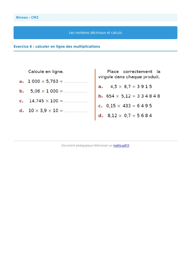 Nombres décimaux et calculs : exercice n°6 de maths en CM2 corrigé en PDF