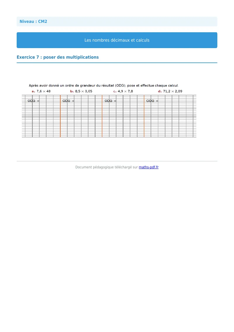 Nombres décimaux et calculs : exercice n°7 de maths en CM2 corrigé en PDF
