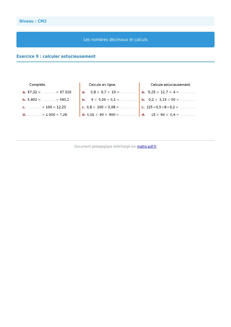Nombres décimaux et calculs : exercice n°9 de maths en CM2 corrigé en PDF