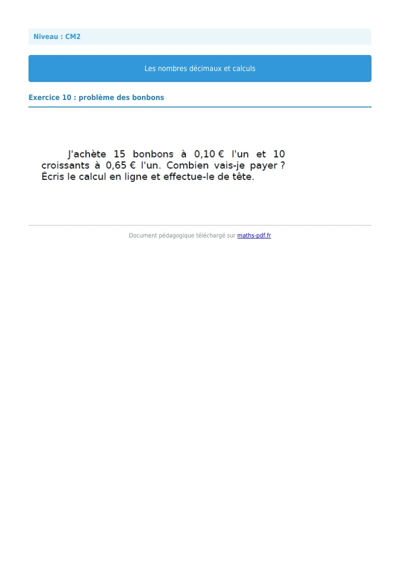 Nombres décimaux et calculs : exercice n°10 de maths en CM2 corrigé en PDF