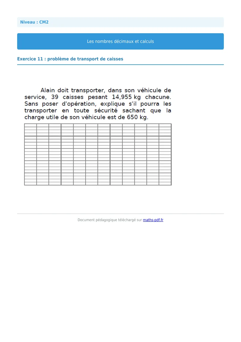 Nombres décimaux et calculs : exercice n°11 de maths en CM2 corrigé en PDF