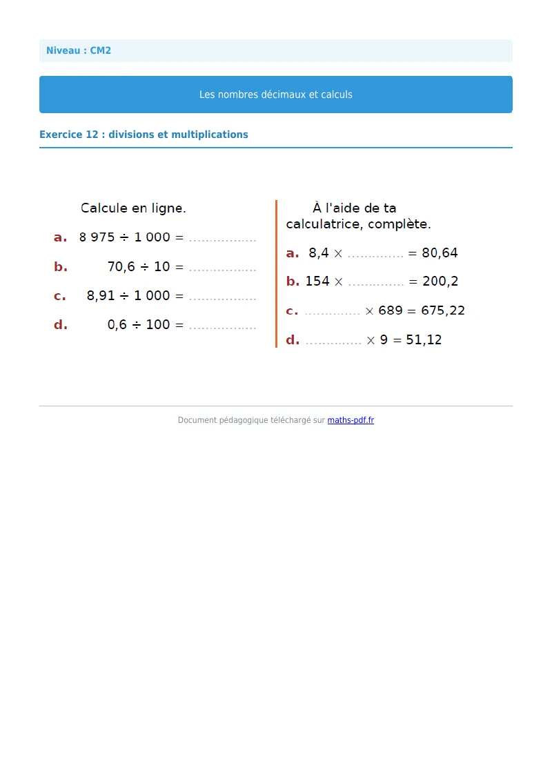 Nombres décimaux et calculs : exercice n°12 de maths en CM2 corrigé en PDF