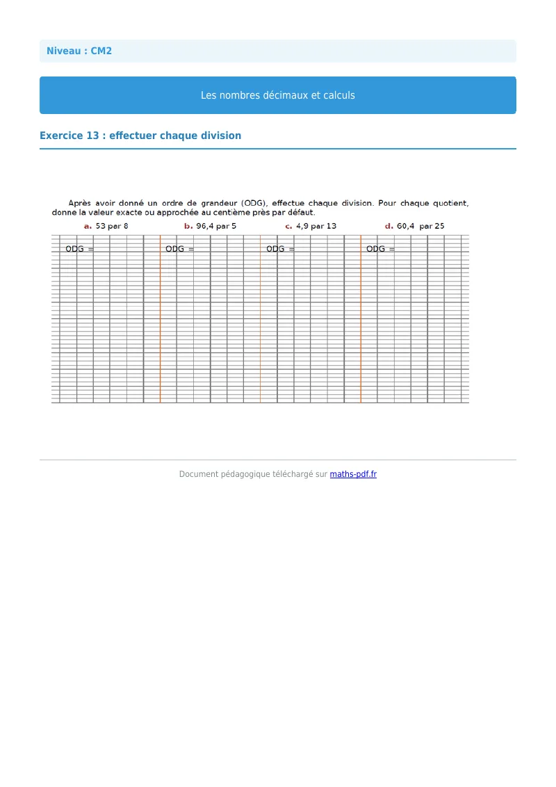 Nombres décimaux et calculs : exercice n°13 de maths en CM2 corrigé en PDF