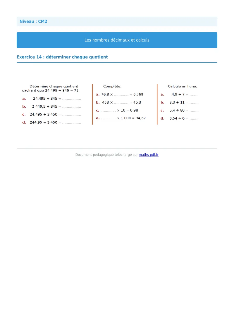 Nombres décimaux et calculs : exercice n°14 de maths en CM2 corrigé en PDF