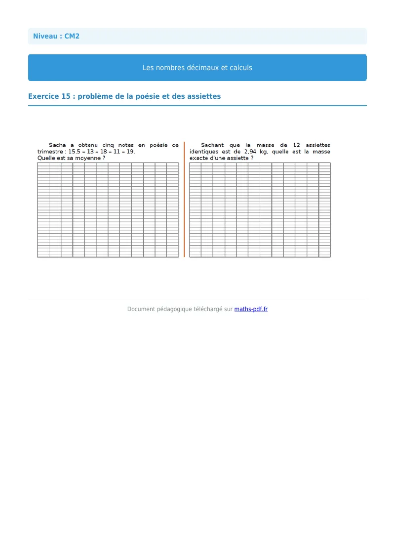 Nombres décimaux et calculs : exercice n°15 de maths en CM2 corrigé en PDF