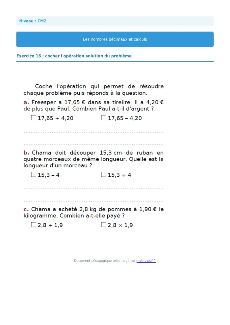 Nombres décimaux et calculs : exercice n°16 de maths en CM2 corrigé en PDF