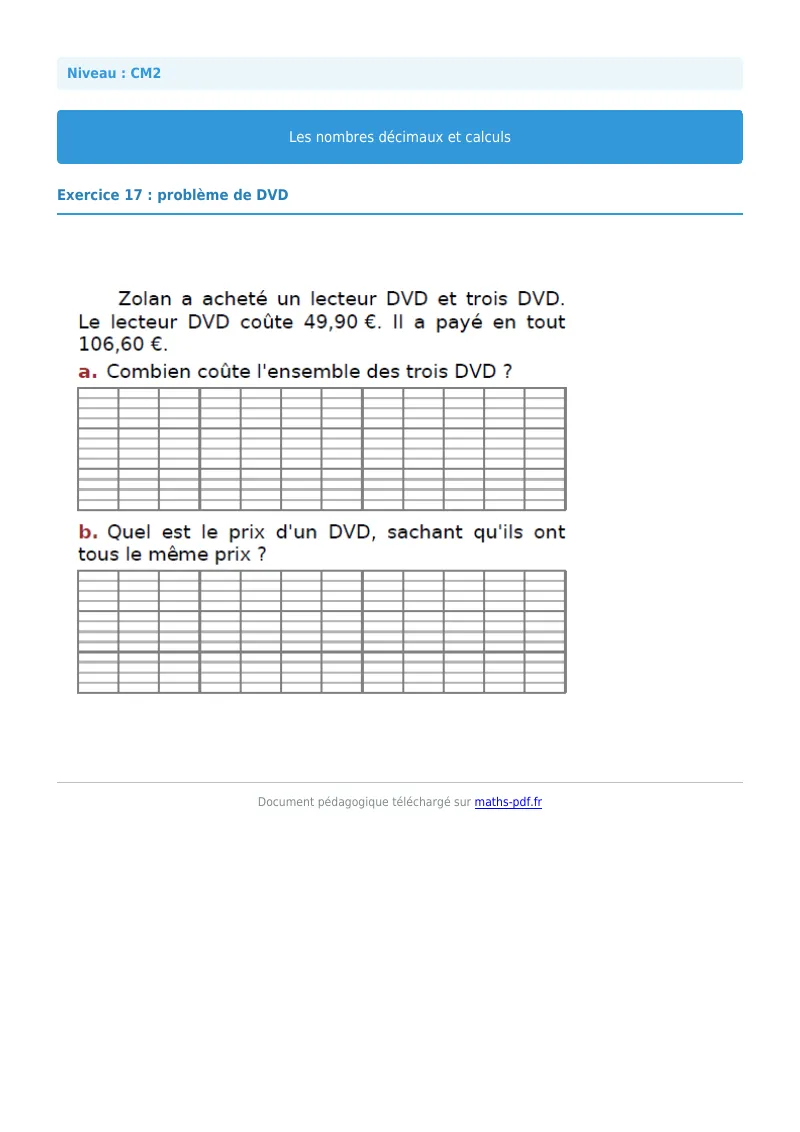 Nombres décimaux et calculs : exercice n°17 de maths en CM2 corrigé en PDF