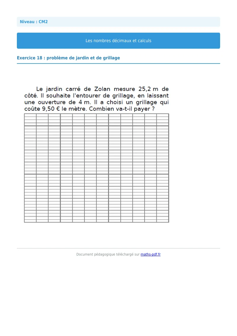 Nombres décimaux et calculs : exercice n°18 de maths en CM2 corrigé en PDF