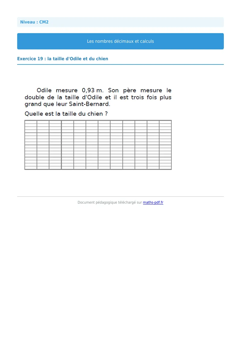 Nombres décimaux et calculs : exercice n°19 de maths en CM2 corrigé en PDF