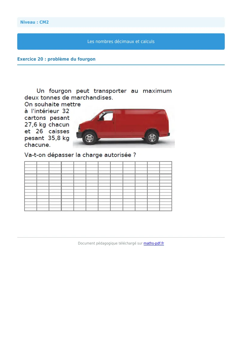 Nombres décimaux et calculs : exercice n°20 de maths en CM2 corrigé en PDF