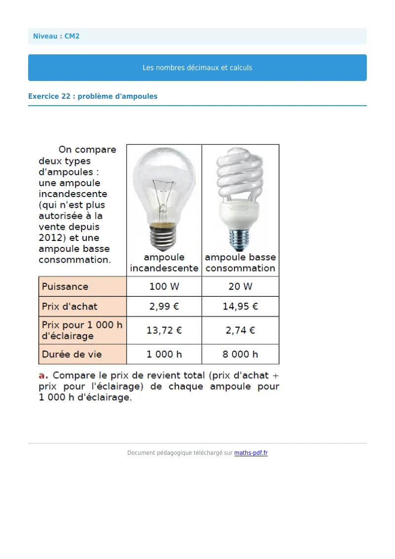 Nombres décimaux et calculs : exercice n°22 de maths en CM2 corrigé en PDF