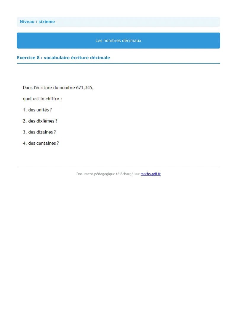 Les nombres décimaux : exercice n°8 de maths en 6ème corrigé en PDF