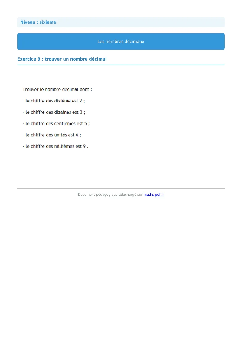 Les nombres décimaux : exercice n°9 de maths en 6ème corrigé en PDF