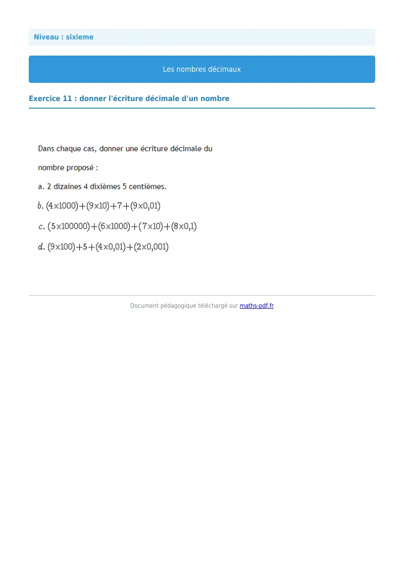 Les nombres décimaux : exercice n°11 de maths en 6ème corrigé en PDF
