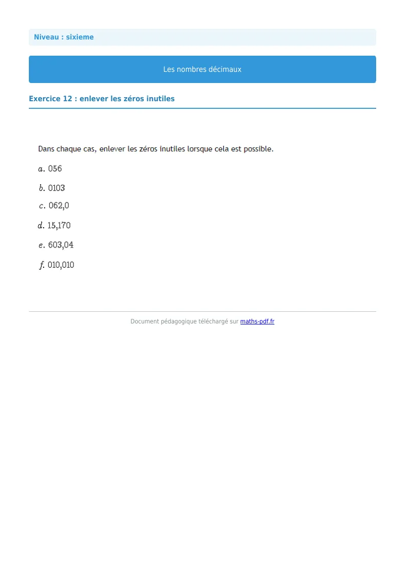 Les nombres décimaux : exercice n°12 de maths en 6ème corrigé en PDF