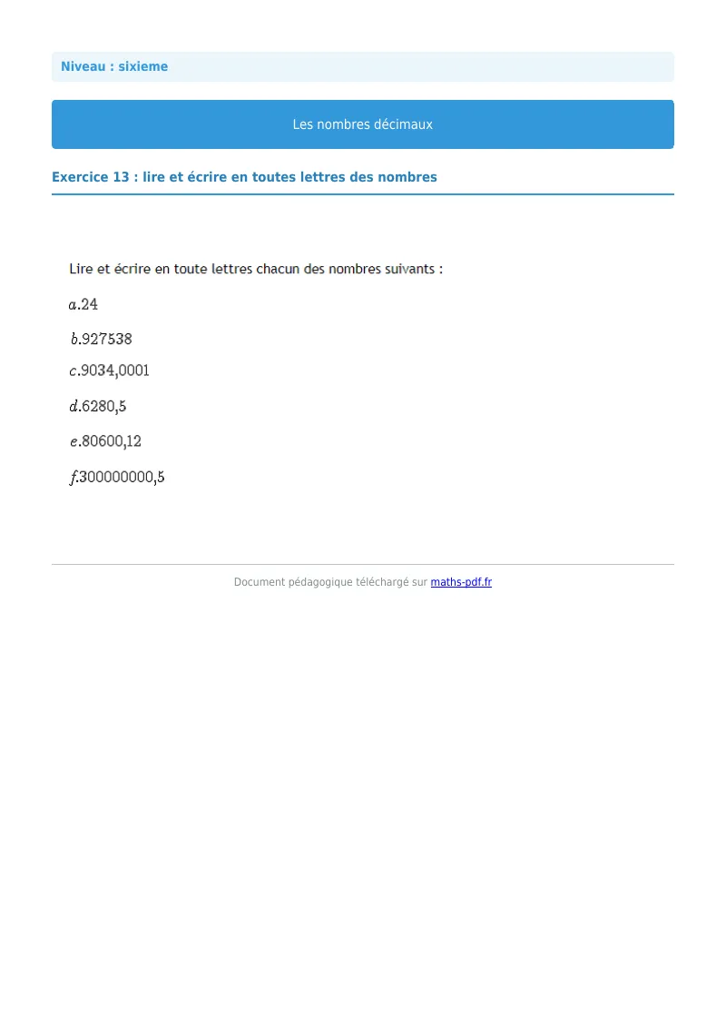 Les nombres décimaux : exercice n°13 de maths en 6ème corrigé en PDF