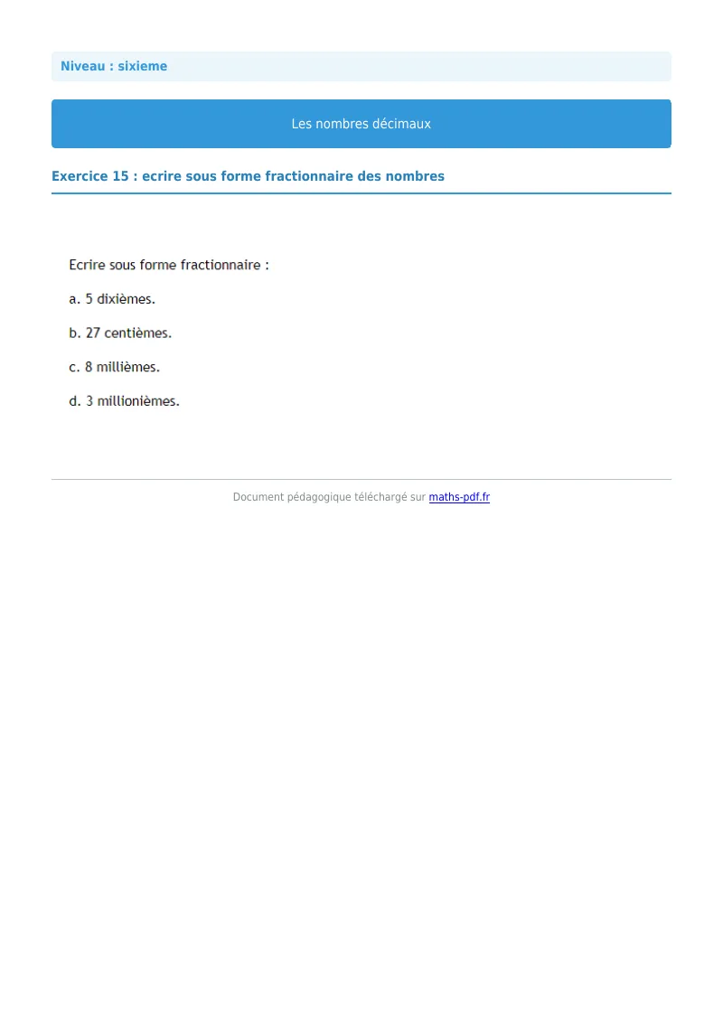 Les nombres décimaux : exercice n°15 de maths en 6ème corrigé en PDF