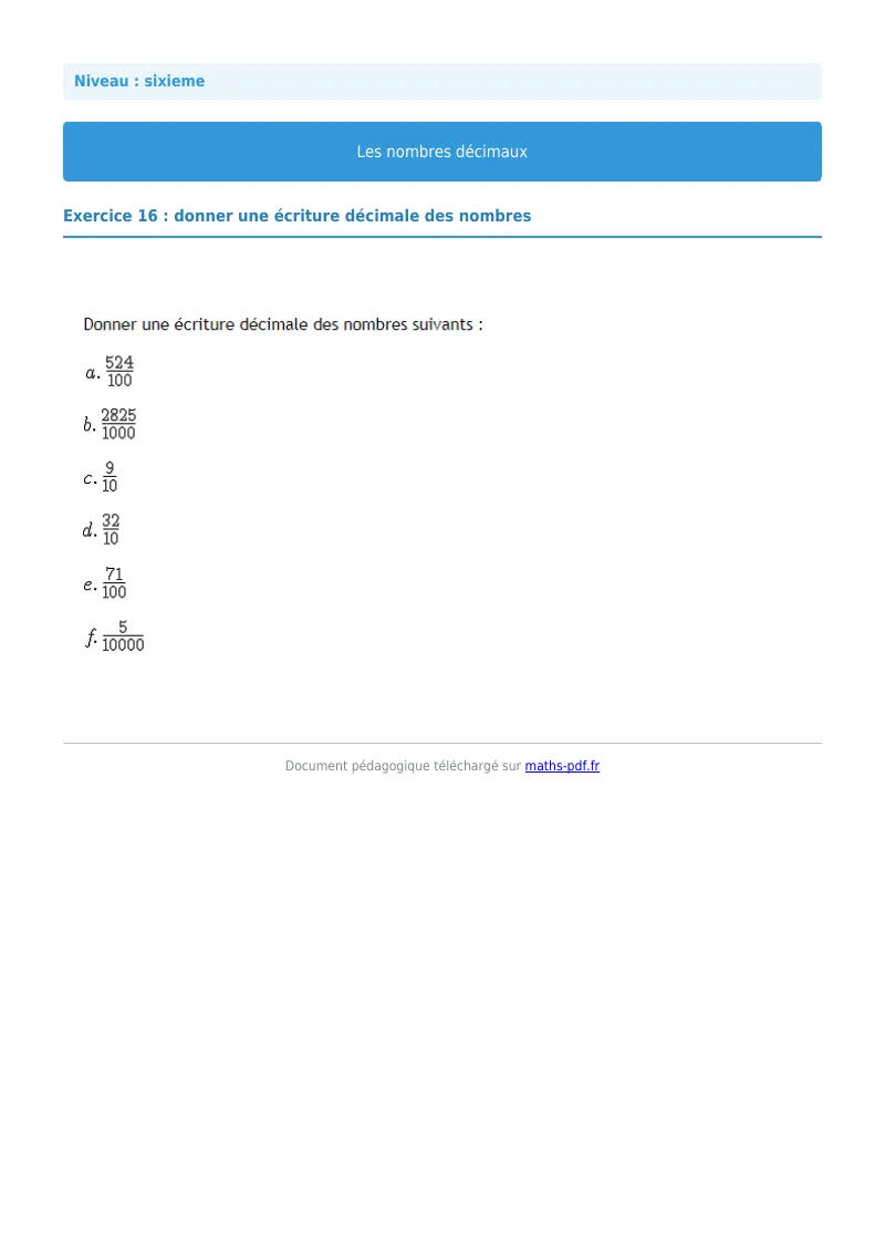 Les nombres décimaux : exercice n°16 de maths en 6ème corrigé en PDF