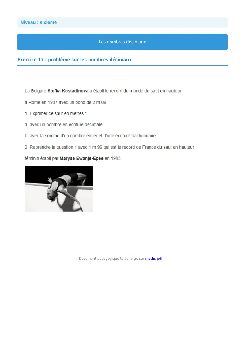 Les nombres décimaux : exercice n°17 de maths en 6ème corrigé en PDF