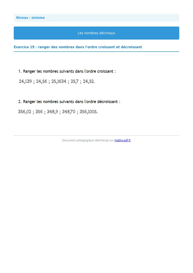 Les nombres décimaux : exercice n°19 de maths en 6ème corrigé en PDF