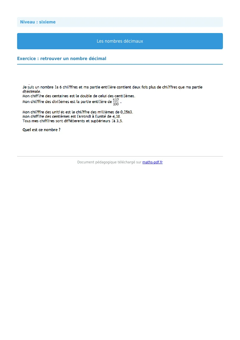 Les nombres décimaux : exercice n°20 de maths en 6ème corrigé en PDF