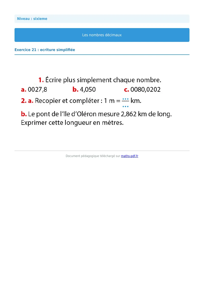Les nombres décimaux : exercice n°21 de maths en 6ème corrigé en PDF