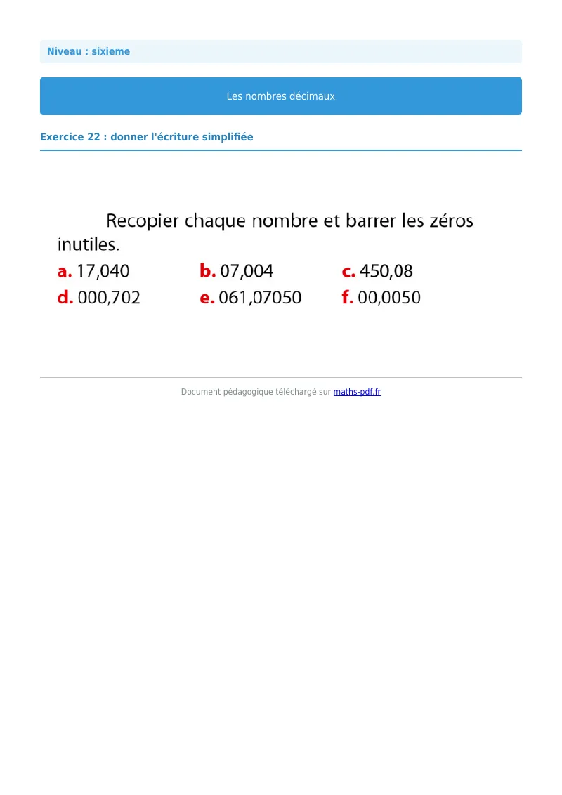 Les nombres décimaux : exercice n°22 de maths en 6ème corrigé en PDF