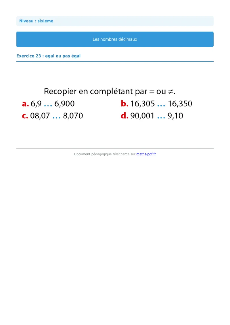 Les nombres décimaux : exercice n°23 de maths en 6ème corrigé en PDF