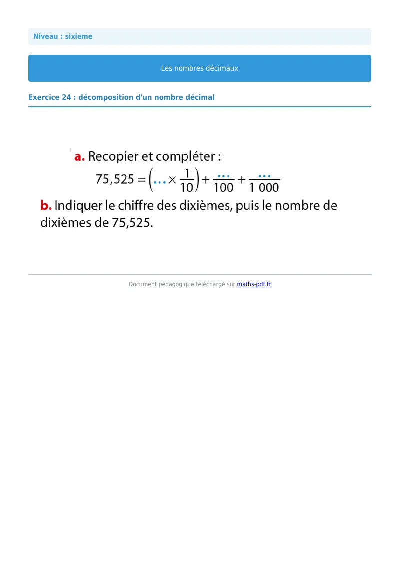 Les nombres décimaux : exercice n°24 de maths en 6ème corrigé en PDF