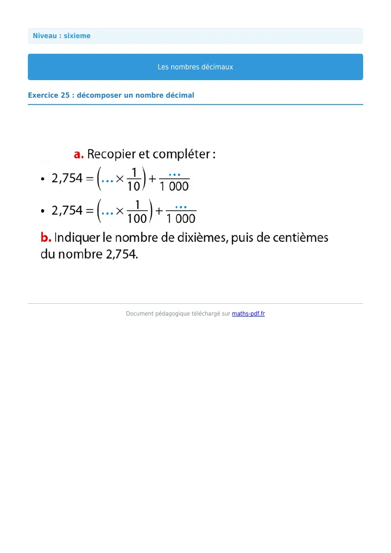 Les nombres décimaux : exercice n°25 de maths en 6ème corrigé en PDF