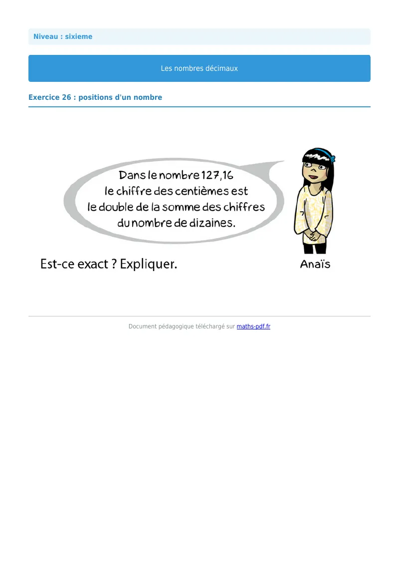 Les nombres décimaux : exercice n°26 de maths en 6ème corrigé en PDF